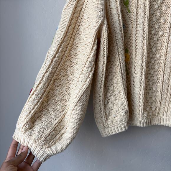 The Great. Sweater Floral Embroidered Cable Knit Pullover Sweater Cream Size 1/S - Picture 4 of 9